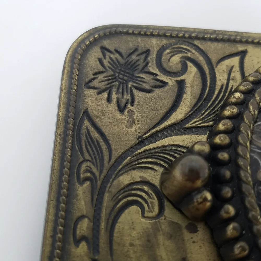 Vintage Brass Tone Belt Buckle With Brown Marble Like Stone